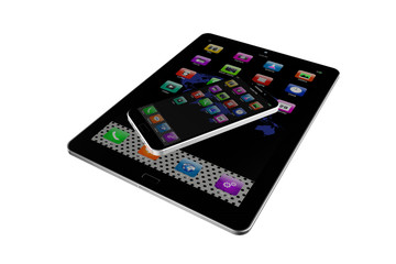 Tablet  with  mobile phone colorful application icons, isolated