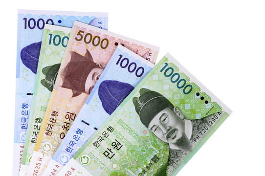 Korean Won currency bills fan shape various isolated white background photo