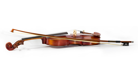 Violin and bow on white background