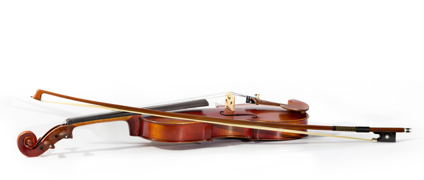 Violin and bow on white background