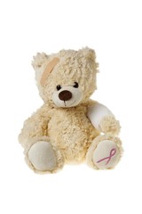 injured teddy bear with bandages and aids symbol