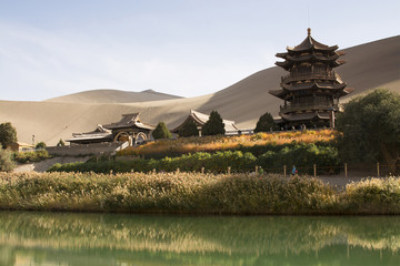 Chinese temple in desert, Mingsha Shan, Dunhuang, China