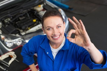 Mechanic smiling up at camera