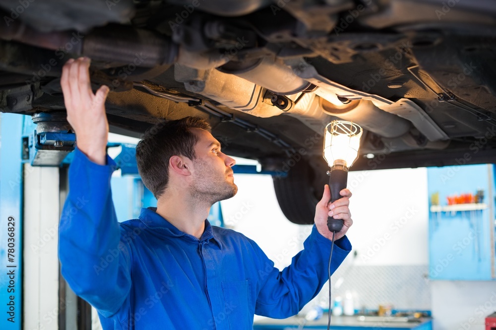 Poster Mechanic using torch to look under car