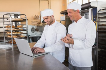 Smiling bakers working together on laptop