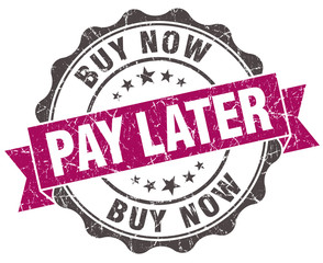 buy now pay later grunge violet seal isolated on white