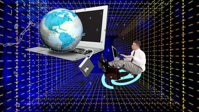 Internet.Businessman with laptop and globe planet with lock