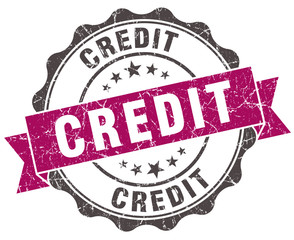 credit grunge violet seal isolated on white