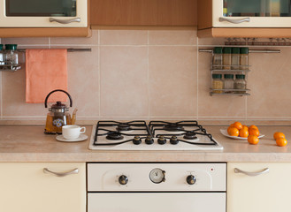 Kitchen interior, desk by