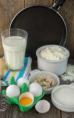 ingredients for making pancakes. Shallow depth of field
