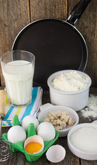 ingredients for making pancakes. Shallow depth of field