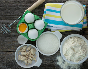 ingredients for making pancakes. Shallow depth of field