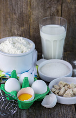 ingredients for making pancakes. Shallow depth of field