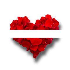 Rose petals in heart shape. Valentine greeting card, wedding.
