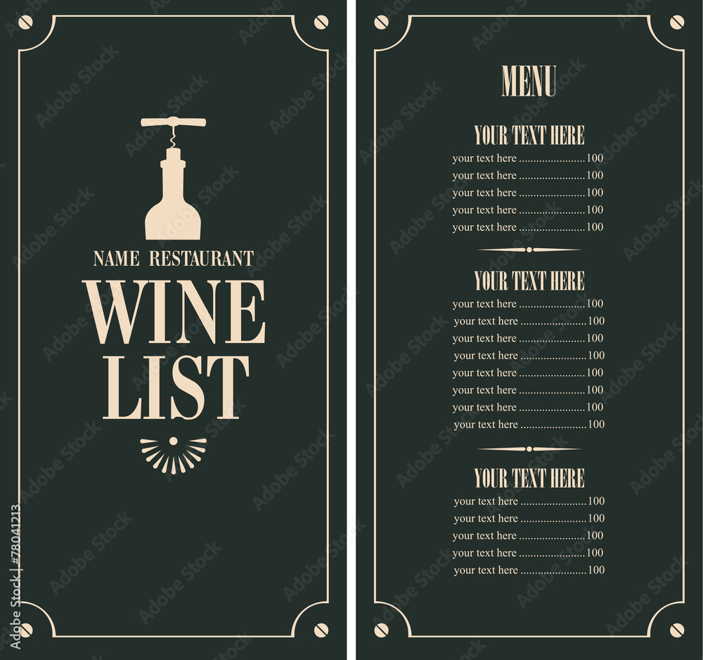 Poster wine list with a bottle and price