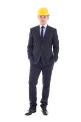 young business man in yellow helmet isolated on white