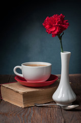 carnations and cup of coffee