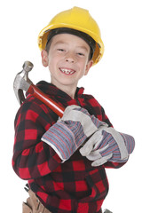 Young boy pretending to be a carpenter