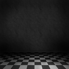 Dark room background with black and white checker floor
