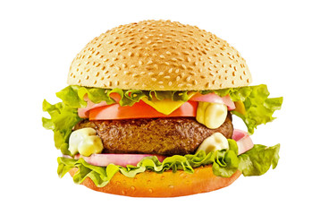 Big hamburger with beef cutlet and vegetables on white backgound