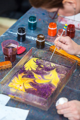 Maling beautiful marbling pattern with inks and stick