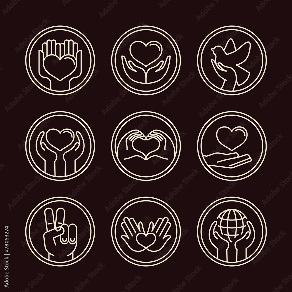Poster vector love and care round emblems in linear style