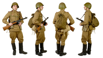 Soviet soldier in wwii, front, profile and back