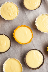 muffin dough in silicone forms. top view