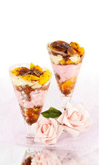 Sweet dessert with pudding and apricots