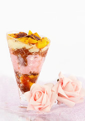 Sweet dessert with pudding and apricots