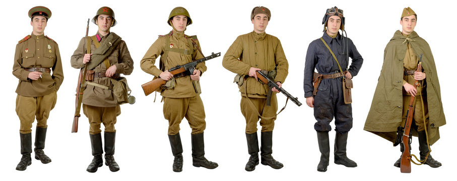 different Soviet soldier uniforms during World War II