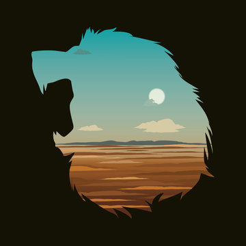 Vector illustration with lion head and double exposure effect.
