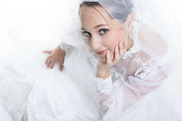 A old bride in a studio white background