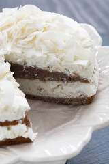 chocolate cake with coconut cream in a cut, close-up