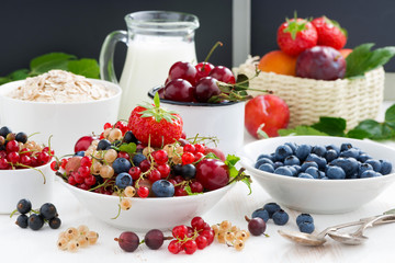 fresh berries, fruit, cereal and milk for breakfast, horizontal