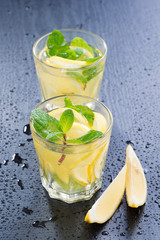 Fresh lemonade with mint in glasses on a dark background