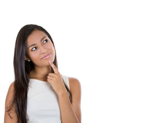 Portrait happy beautiful woman thinking looking up