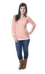 Obraz premium Caucassian young woman on white background