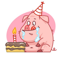 Pig character looks at cake