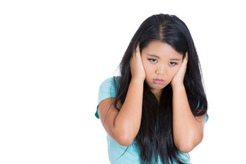 Fototapeta premium Headshot sad gloomy young woman worried about future 