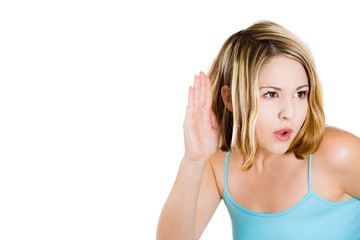 Fototapeta premium Headshot curious woman listening secretly to conversation 