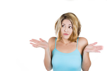 Fototapeta premium Shrugging woman in doubt doing shrug showing open palms