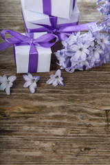Gift boxes and blue hyacinth