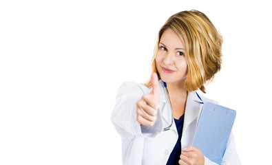 Happy confident female doctor showing thumbs up sign