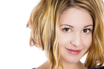 Naklejka premium Close up portrait of beautiful young happy smiling woman
