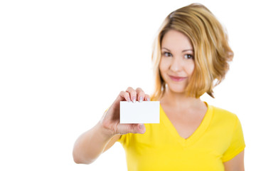 woman showing a blank business card, isolated on white