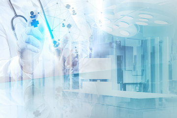 Double exposure of smart medical doctor drawing network with ope