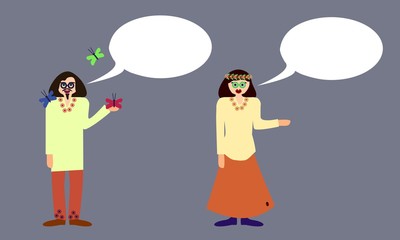 Couple of hippies with communication bubble isolated on gray