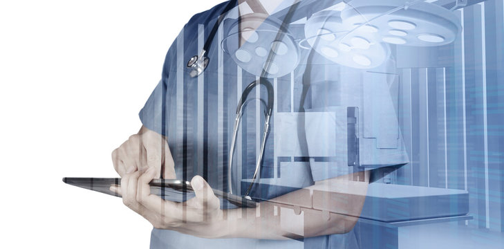 Double exposure of smart medical doctor working with operating r
