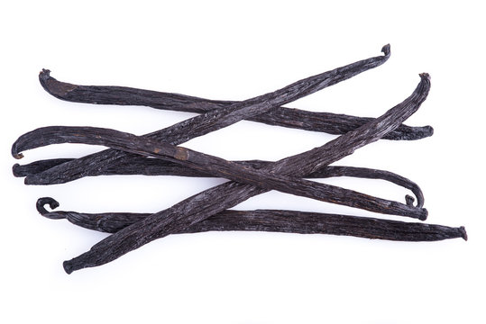 Vainas de vainilla natural aisladas sobre un fondo blanco